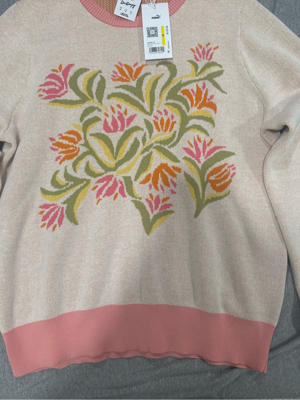Puma Cream Floral Intarsia Crewneck Sweater with Pink Trim - Picture 5 of 9